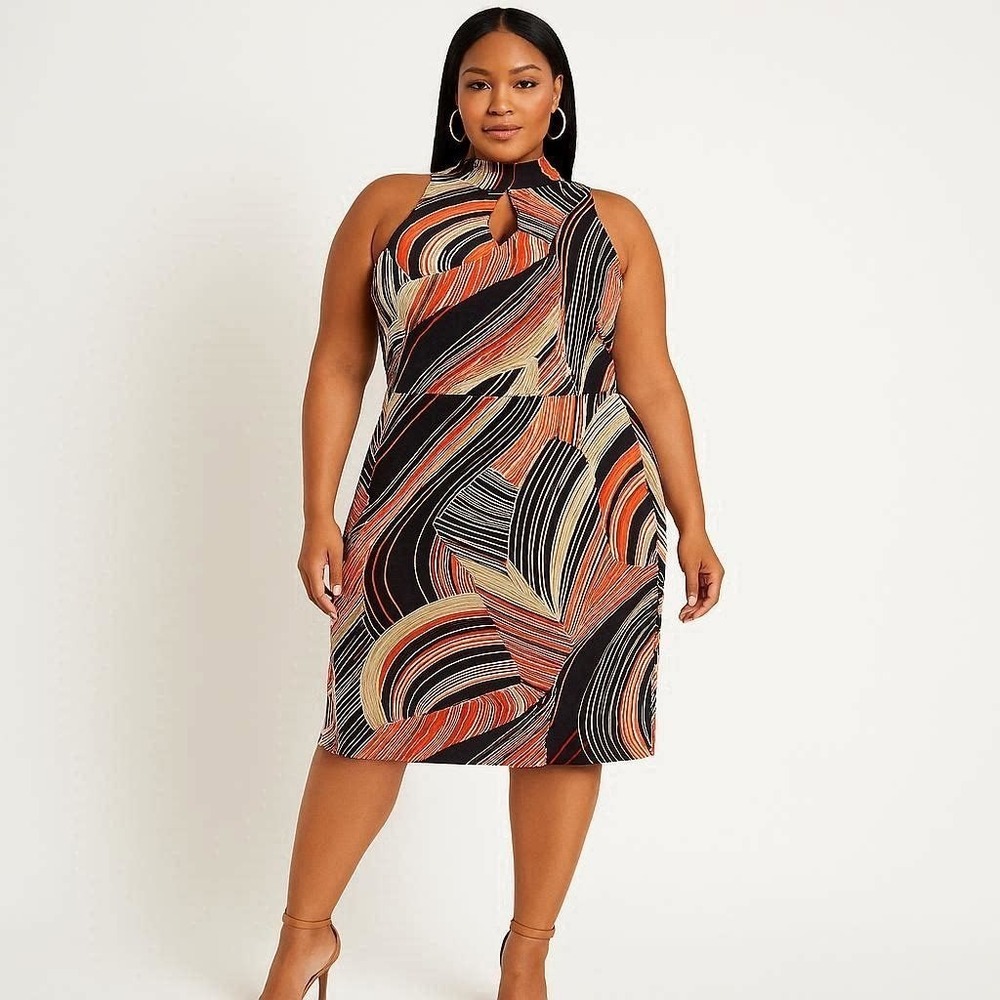 Art-To-Wear Key Cutout Mock Neck Concentric Swirls Empire Waist 14/16 Dress